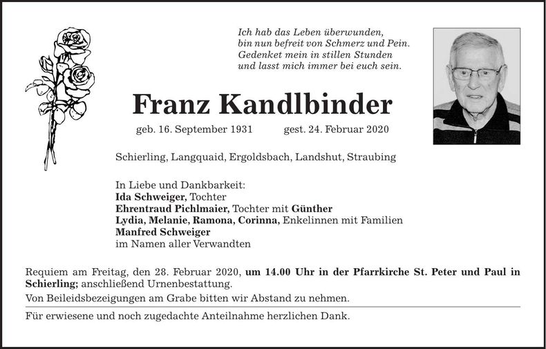 Traueranzeige Franz Kandlbinder