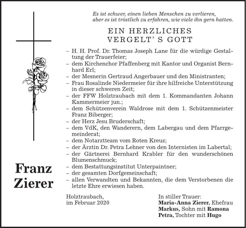 Traueranzeige Franz Zierer