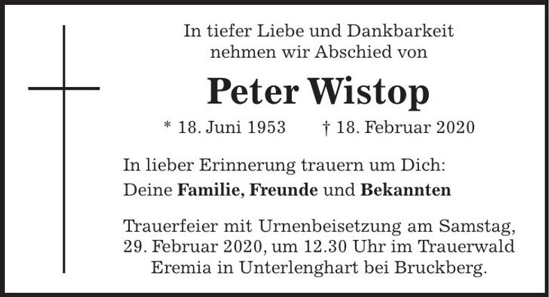 Traueranzeige Peter Wistop