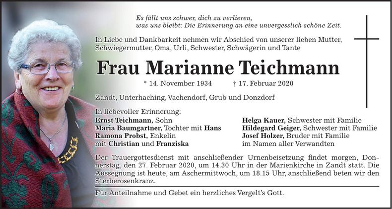 Traueranzeige Marianne Teichmann