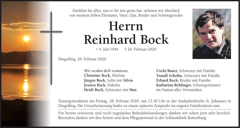 Traueranzeige Reinhard Bock