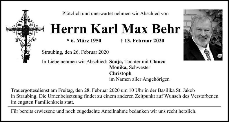 Traueranzeige Karl Max Behr