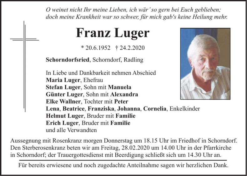 Traueranzeige Franz Luger