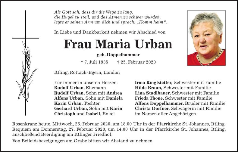 Traueranzeige Maria Urban