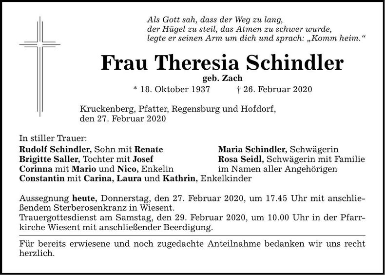 Traueranzeige Theresia Schindler
