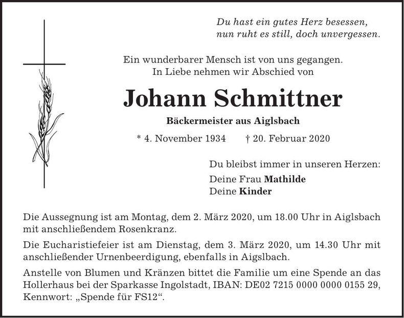 Traueranzeige Johann Schmittner