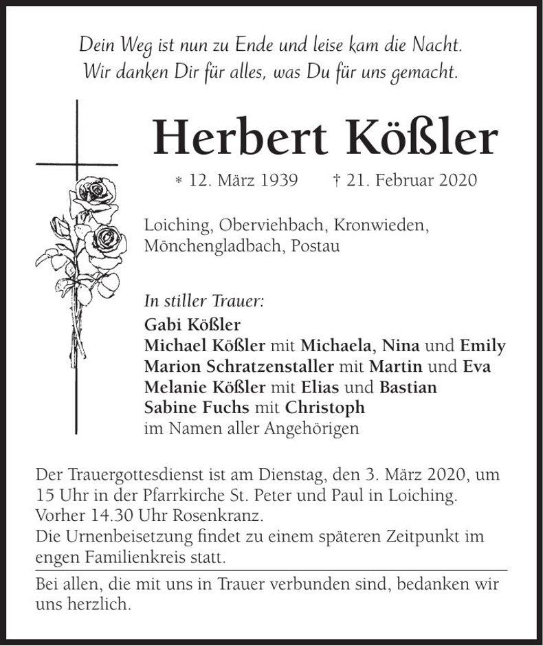 Traueranzeige Herbert Kößler
