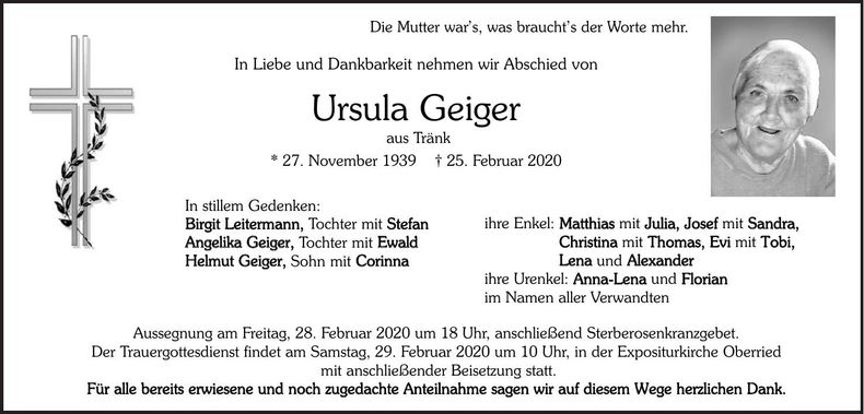 Traueranzeige Ursula Geiger