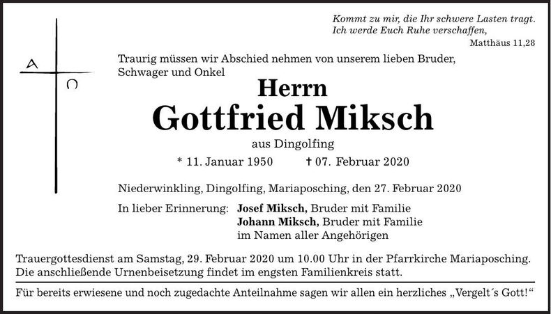 Traueranzeige Gottfried Miksch