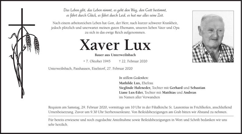 Traueranzeige Xaver Lux