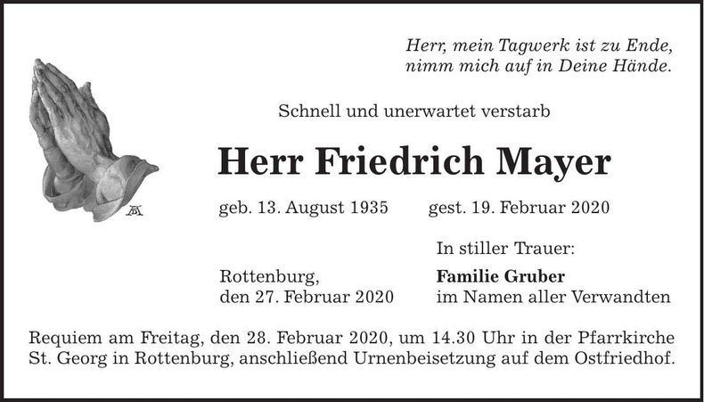 Traueranzeige Friedrich Mayer