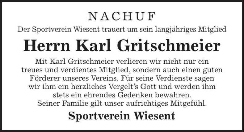 Traueranzeige Karl Gritschmeier