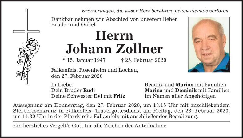 Traueranzeige Johann Zollner