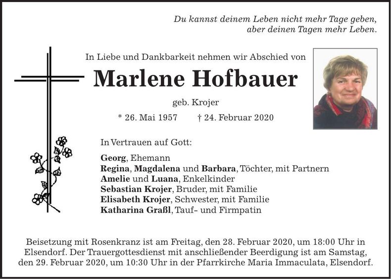 Traueranzeige Marlene Hofbauer