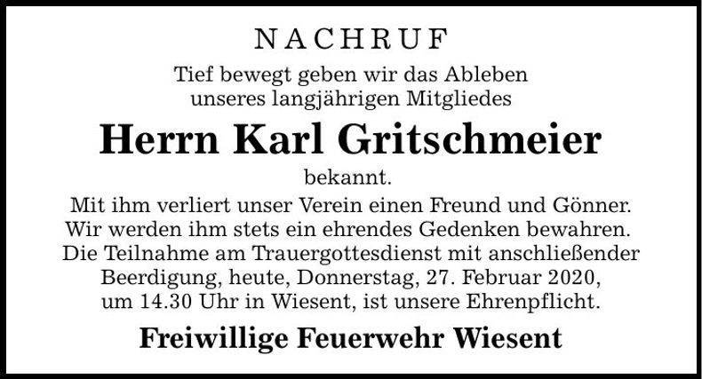 Traueranzeige Karl Gritschmeier