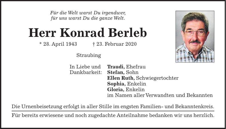 Traueranzeige Konrad Berleb