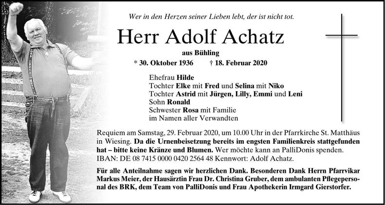 Traueranzeige Adolf Achatz