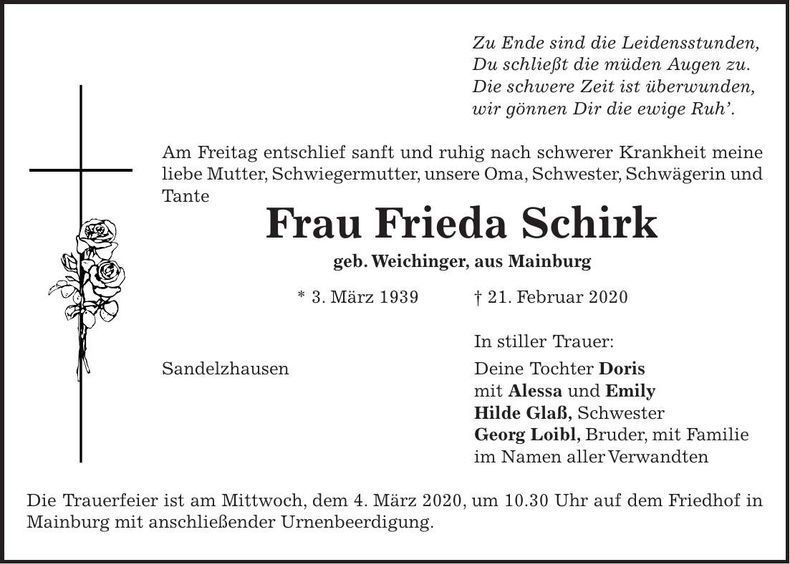 Traueranzeige Frieda Schirk