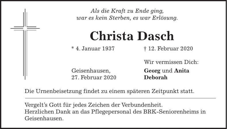 Traueranzeige Christa Dasch