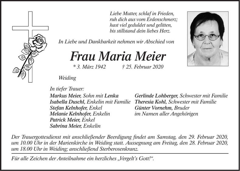 Traueranzeige Maria Meier