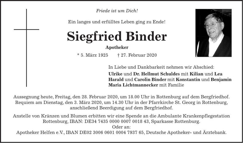 Traueranzeige Siegfried Binder