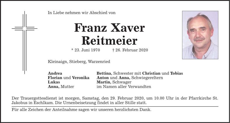 Traueranzeige Franz Xaver Reitmeier