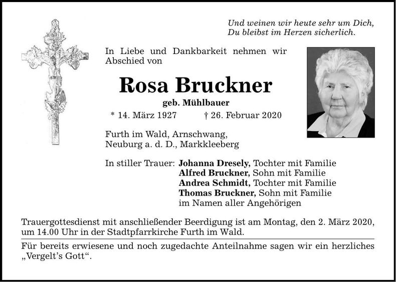 Traueranzeige Rosa Bruckner