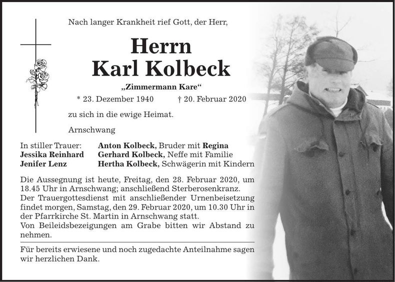 Traueranzeige Karl Kolbeck