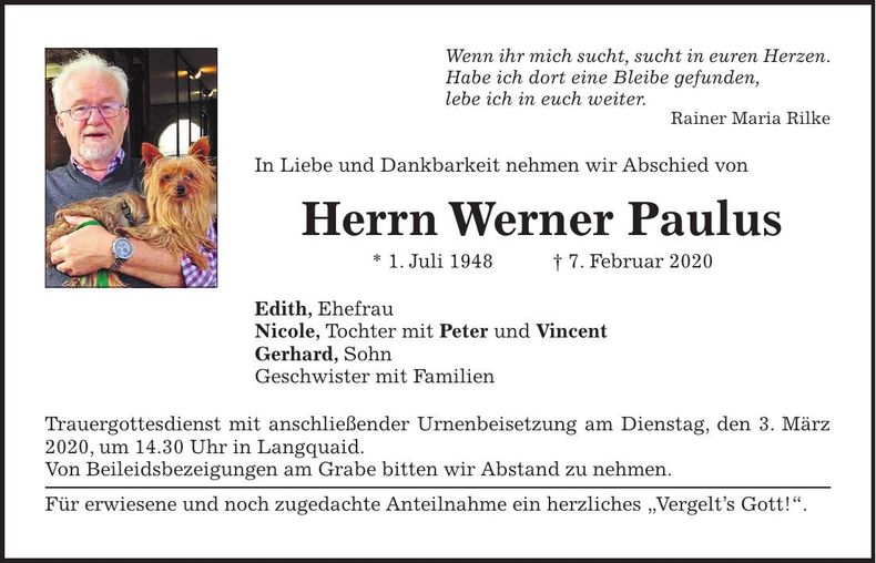 Traueranzeige Werner Paulus