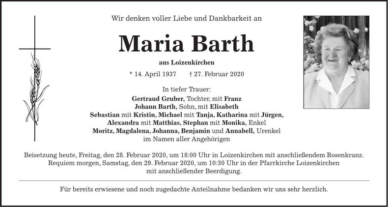Traueranzeige Maria Barth