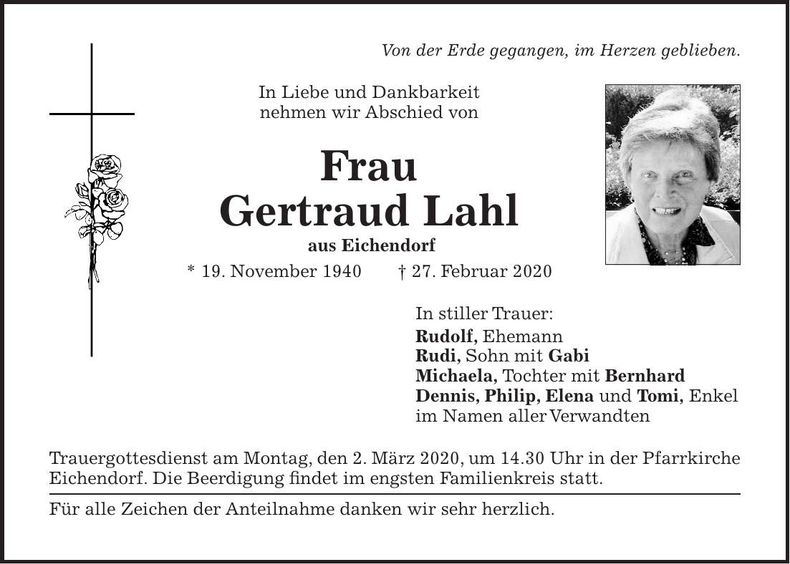 Traueranzeige Gertraud Lahl
