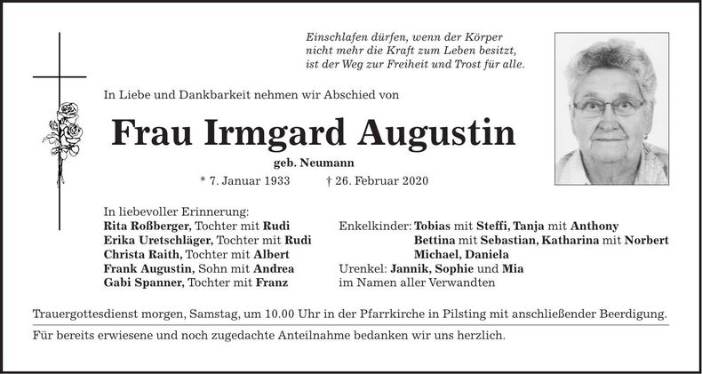 Traueranzeige Irmgard Augustin