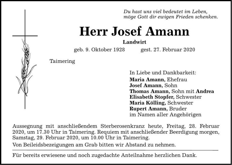 Traueranzeige Josef Amann