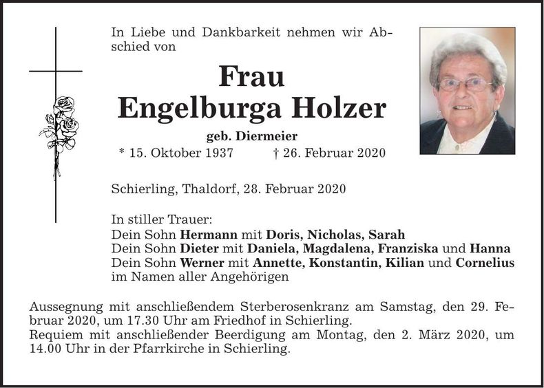 Traueranzeige Engelburga Holzer