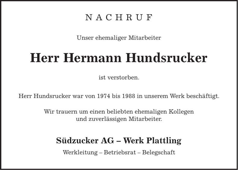Traueranzeige Hermann Hundsrucker