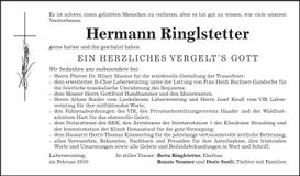 Traueranzeige Hermann Ringlstetter