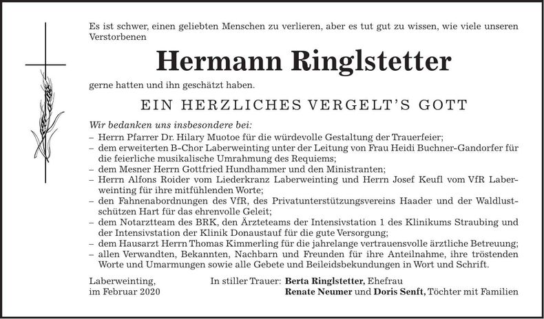 Traueranzeige Hermann Ringlstetter