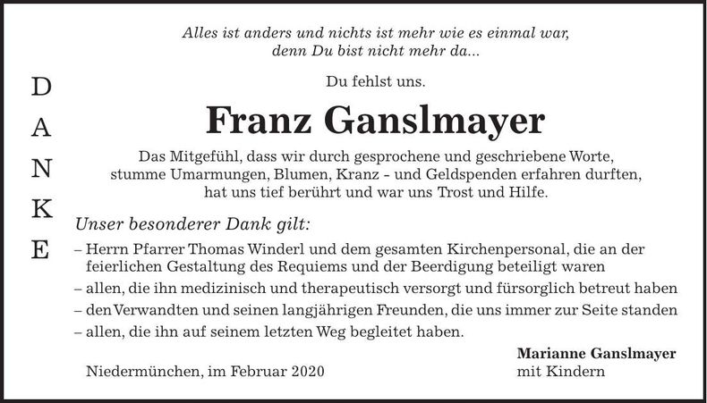 Traueranzeige Franz Ganslmayer