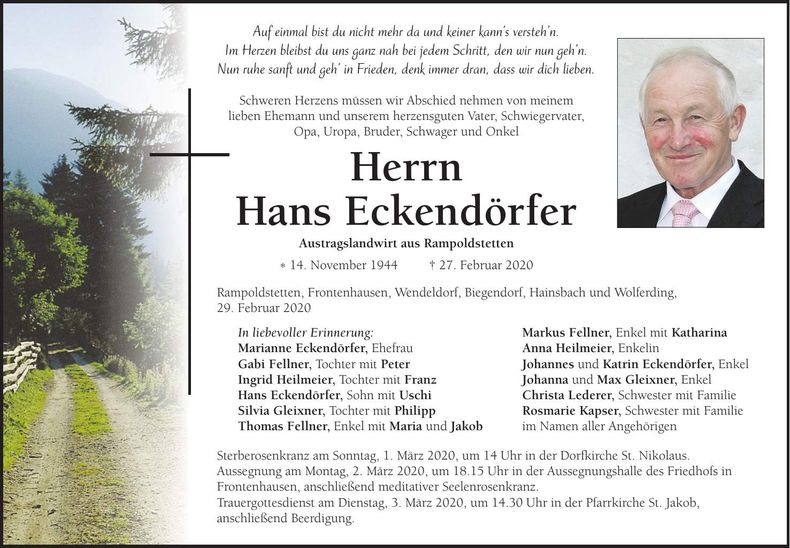 Traueranzeige Hans Eckendörfer
