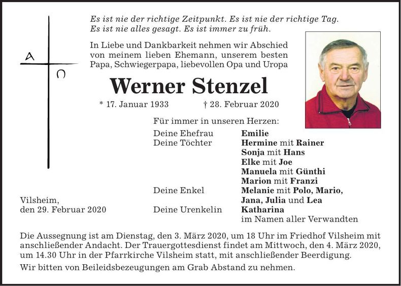 Traueranzeige Werner Stenzel
