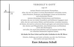 Traueranzeige Johanna Schuß