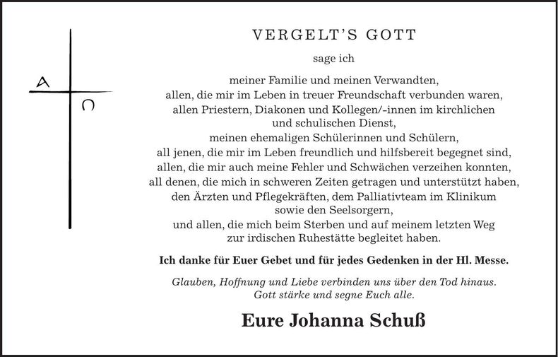 Traueranzeige Johanna Schuß