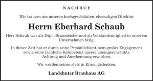 Traueranzeige Eberhard Schaub