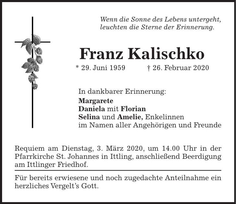 Traueranzeige Franz Kalischko