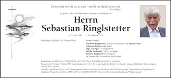 Traueranzeige Sebastian Ringlstetter
