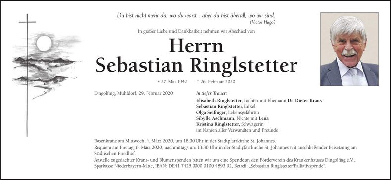 Traueranzeige Sebastian Ringlstetter