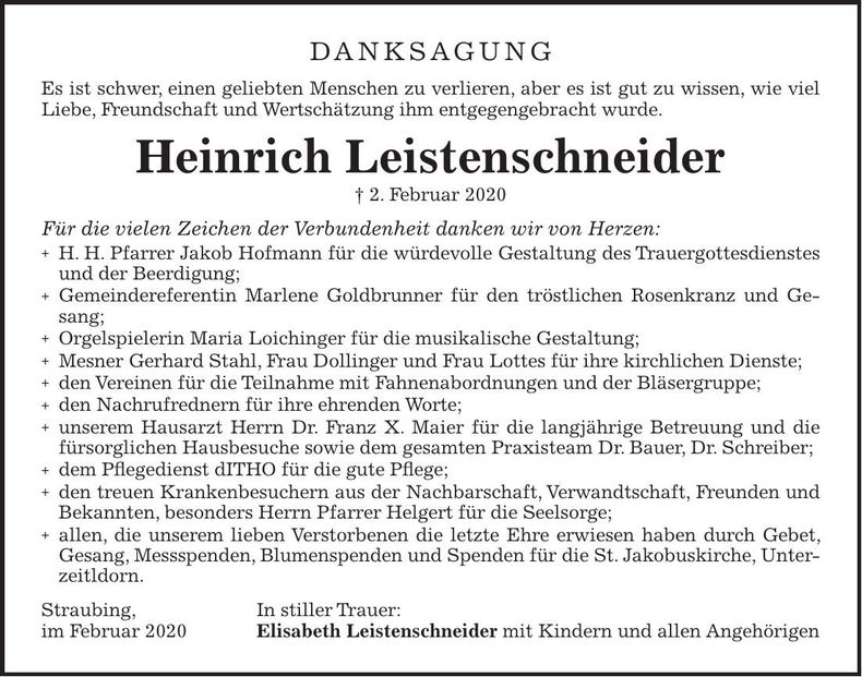 Traueranzeige Heinrich Leistenschneider
