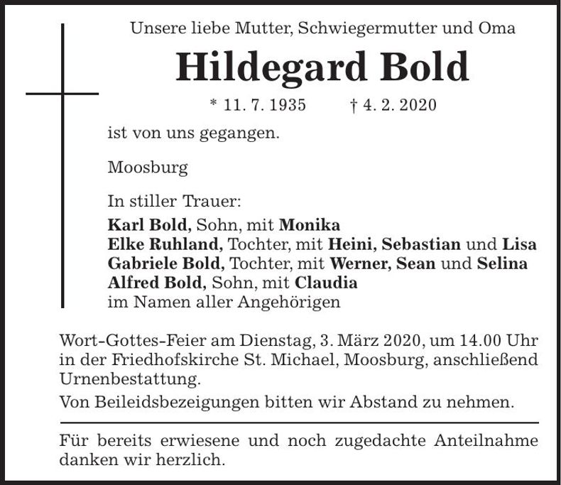 Traueranzeige Hildegard Bold