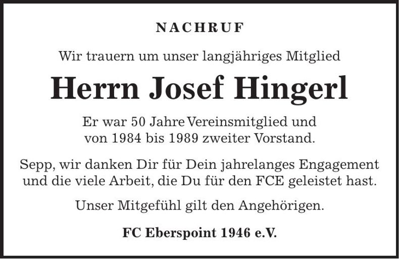 Traueranzeige Josef Hingerl