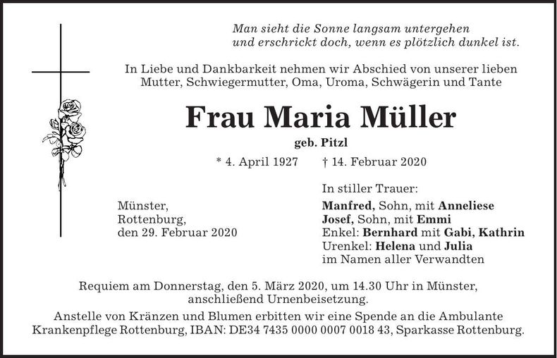 Traueranzeige Maria Müller